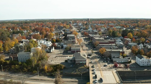 Aerial view over Brunswick, Maine downtown, fall season