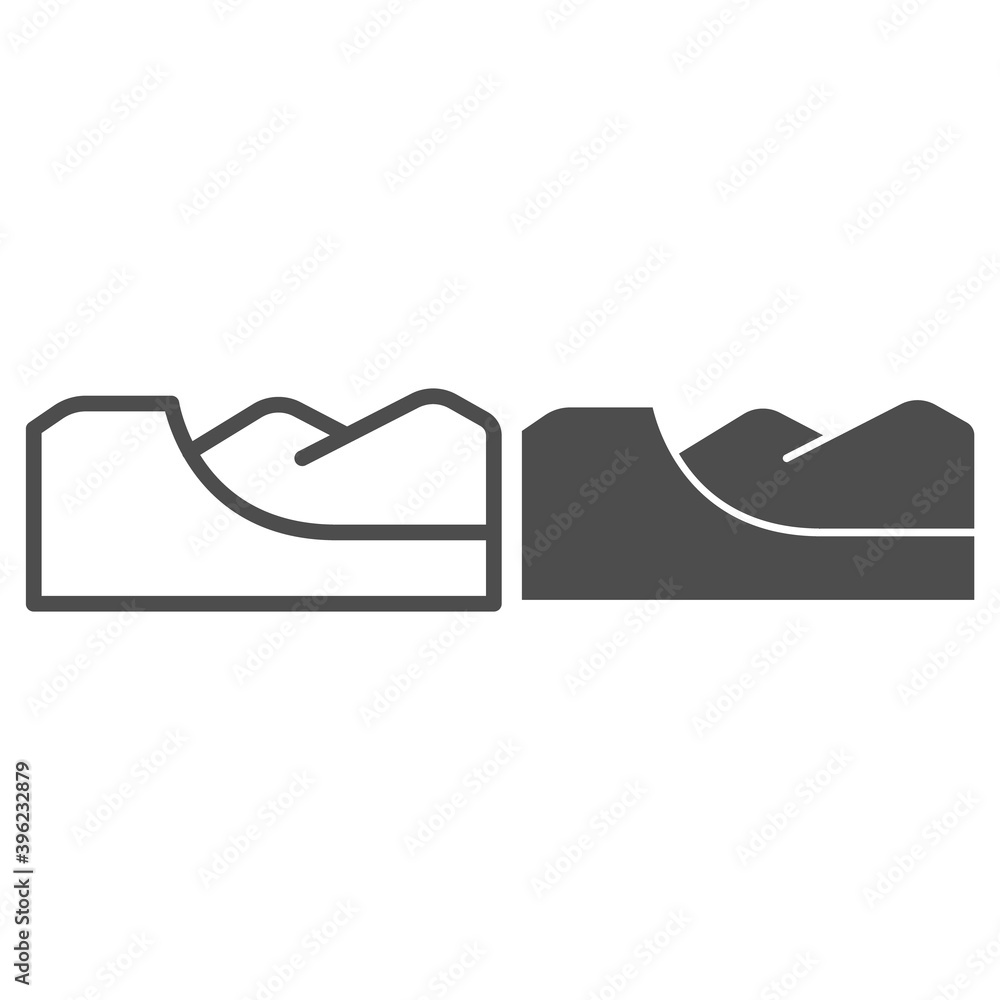 Poster springboard line and solid icon, world snowboard day concept, mountains and track sign on white back
