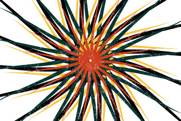 Naklejka na ściany i meble Retro starburst sunburst background pattern and grunge textured vintage color palette of orange yellow and blue green in spiral or swirled radial stripe