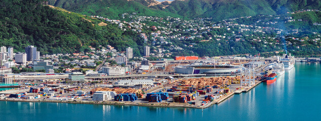 Wellington, New Zealand. The port and sports stadium viewed on a perfect summer's day from Mount...
