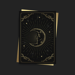 Moon sign with human face. Magic occult tarot cards, Esoteric boho spiritual tarot reader, Magic card astrology, drawing spiritual posters.