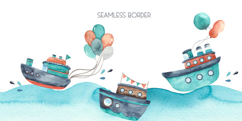 Watercolor children water transport seamless border with ships, boat, submarine, sailboat, lighthouse, whale, Dolphin, steering wheel, seagulls, spray