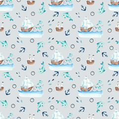 Fototapeta na wymiar Watercolor children water transport seamless pattern with ships, submarine, sailboat, lighthouse, whale, Dolphin, steering wheel, seagulls, spray