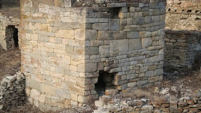 medieval stone towers. panorama from bottom to top