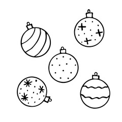 Set of Vector Christmas outline tree balls. Elements of New year and xmas design in doodle style, isolated. Simple hand drawn illustration for greeting cards, calendars, prints, coloring book