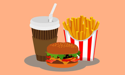 Fast food dishes isolated. French fries, hamburger and coffee  vector illustration.