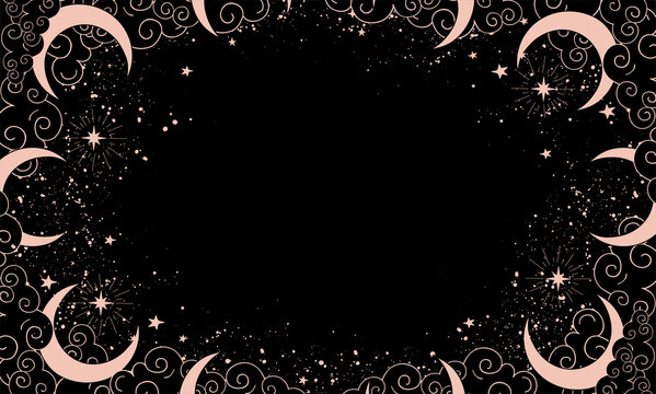 Magical black background with moon and crescent moon, place for text. Banner with stars, cosmic pattern for boho design, astrology. Doodle vector illustration.