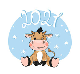 New Year and Christmas 2021, card with a bull. Flat cartoon design. Vector illustration isolated on white background. Chinese year of the bull, taurus.