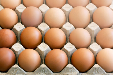 Close-up chicken eggs in a paper container.