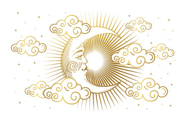 Magic banner for astrology, tarot, boho design. Universe, crescent moon with face and clouds on white isolated background. Esoteric vector illustration, pattern. © Salomi art