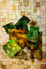 Collage of abstract shapes made of computer circuit boards, stylization