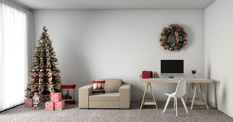 3D render interior of home living with modern style. This room is setting for Christmas festival to be a working area for office worker and freelance.