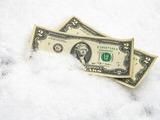 US dollar in the snow. Two dollar bills. Financial concept.