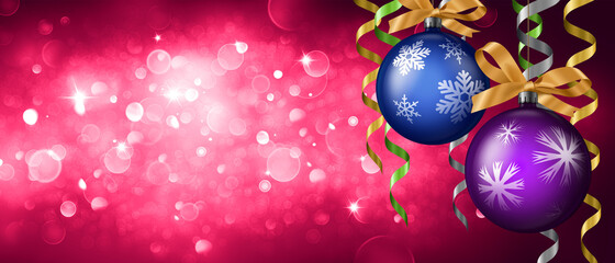 christmas tree balls and curls on a glitter particles red background