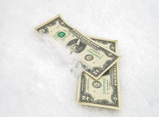 US dollar in the snow. Two dollar bills. Financial concept.