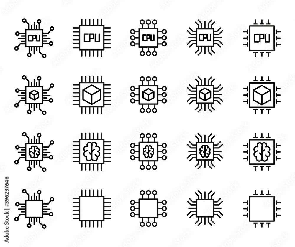 Poster stroke line icons set of chip.