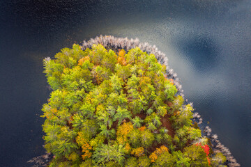 Beautiful travel autumn background aerial look down photograph of a portion of an island in a lake in Upper Michigan with fall foliage colors starting to show among the forest of evergreen trees.