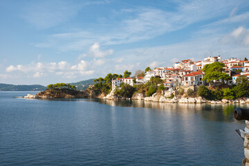 Naklejka na ściany i meble Skiathos Island, Greece. Skiathos town on Beautiful view of the old town .