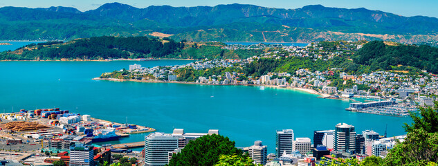 Panoramic view of Wellington city and harbour viewed from Tinakori Hill. The inner city high rise...
