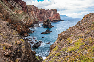 Fototapeta na wymiar View of rocky cliffs clear water of Atlantic Ocean at Ponta de Sao Lourenco, the island of Madeira, Portugal