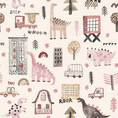 Seamless pattern with houses, cars, dinosaurs, trees. Watercolor illustration. © bukhavets