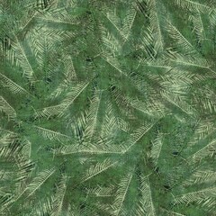 Green tropical palm tree leaves seamless pattern. High quality illustration. Vivid, detailed, and highly textured graphic design. Trendy jungle foliage for fabric or repeat surface design.