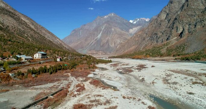 Autumn aerial view of a dry and sandy rocky mountain valley from Asia. Himachal, Lahaul Spiti, India