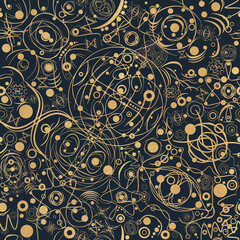 Abstract seamless pattern. Golden glitter on dark blue with fabric texture. Symbols, cosmos. (pattern: sp06a)