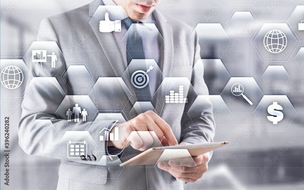 Aufkleber data management system and business analytics concept on double exposure background.