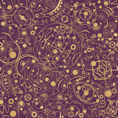 Abstract seamless pattern. Golden glitter on dark purple with fabric texture. Symbols, cosmos.  (pattern: sp06a)