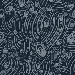 Abstract seamless pattern. Dusty light blue on dark blue. Watercolor splashes, silvery glitter splatter and threads on pattern. Fabric texture on the background.  (pattern: sp01a)