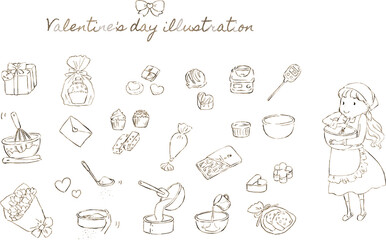 お菓子を作る女の子とバレンタインデーのイラストセット