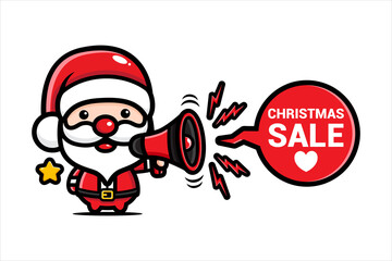 Santa Claus's cute character is talking about sales with a megaphone