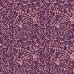 Abstract seamless pattern. Dusty pink on dark purple. Watercolor splashes, glitter dots and threads on pattern. Fabric texture on the background.  (pattern: sp01b)