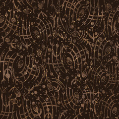 Abstract seamless pattern. Beige on brown. Watercolor splashes, golden glittery splatter on pattern. Fabric texture on the background.  (pattern: sp02a)