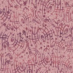 Fototapeta premium Abstract seamless pattern. Dark purple on dusty pink. Watercolor splashes on pattern. Fabric texture with pink glitter splatter and threads on the background. (pattern: sp02a)