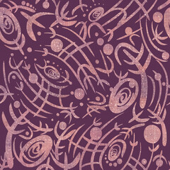 Abstract seamless pattern. Dusty pink on dark purple. Watercolor splashes, glitter dots and threads on pattern. Fabric texture on the background.   (pattern: sp03a)