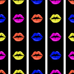 Lips seamless pattern. Red lips on a black and white striped background. Design for printing, textiles, wrappers, Valentine's Day. Vector