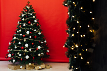 Winter New Year holiday interior Christmas tree decor presents December