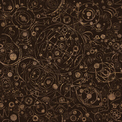 Abstract seamless pattern. Beige on brown. Watercolor splashes, golden glittery splatter and threads on pattern. Fabric texture on the background. Symbols, cosmos.  (pattern: sp06a)