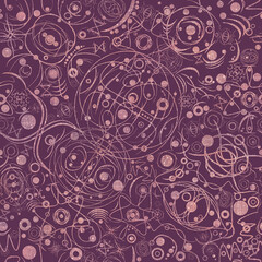 Abstract seamless pattern. Dusty pink on dark purple. Watercolor splashes, glitter dots and threads on pattern. Fabric texture on the background. Symbols, cosmos.  (pattern: sp06a)