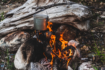 Kettle hanging over fire. Cooking food at fire in wild. Beautiful big log burns in bonfire...