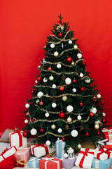 Winter New Year holiday interior Christmas tree decor presents December