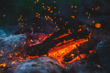 Vivid smoldered firewoods burned in fire close-up. Atmospheric background with orange flame of...