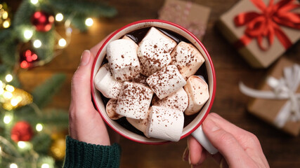 Obraz na płótnie Canvas Hot chocolate or cocoa drink with marshmallows in female hands. Cozy comfort food for winter holidays Christmas, New Year time