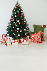 Winter New Year holiday interior Christmas tree decor presents December