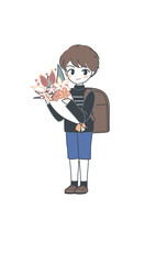 花束を持つ小学生・茶色のランドセル・ベクター