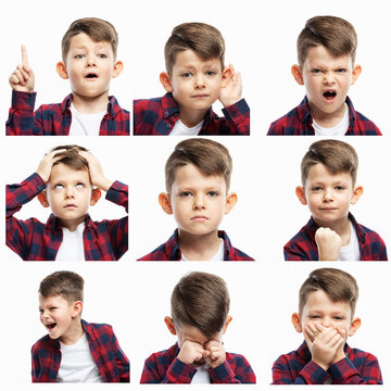 Collage of images of different emotions of a schoolboy boy. White background. Square format.