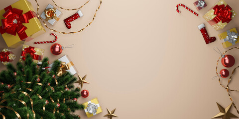 Christmas decoration composition on light gold background with beautiful Golden gift box with red ribbon, fir branches, cones, stars, Christmas cookies,cinnamon, top view, copy space, 3D rendering.