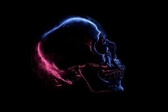 3D render of shiny metallic Skull with Neon reflection in the dark